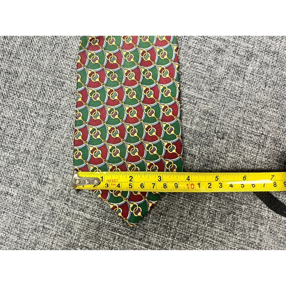 Hatfield House Mens Silk Tie Green Burgundy Horsebit Geometric Italian Fabric